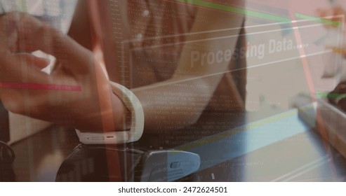 Image of data processing over biracial woman paying with smartwatch. Global contactless payment, connections, cloud computing and data processing concept digitally generated image. - Powered by Shutterstock