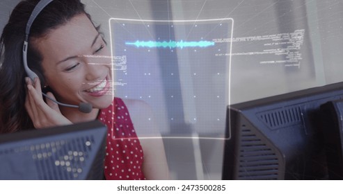 Image of data processing over biracial businesswoman in office. Global business and digital interface concept digitally generated image.