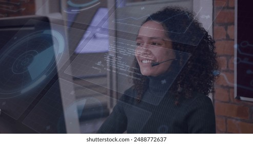 Image of data processing over biracial businesswoman using phone headset. Global business and digital interface concept digitally generated image.