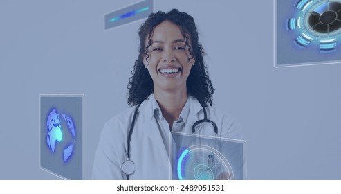 Image of data processing over biracial female doctor smiling. Global medicine and digital interface concept digitally generated image. - Powered by Shutterstock