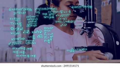 Image of data processing over biracial female student using microscope. Global education, learning, school, digital interface and data processing concept digitally generated image.