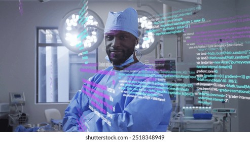 Image of data processing over biracial male surgeon with face mask. Global medicine and digital interface concept digitally generated image.