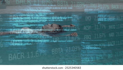 Image of data processing over biracial woman relaxing, floating in swimming pool. Data, digital interface, connection, summer, vacations and relaxation, digitally generated image. - Powered by Shutterstock