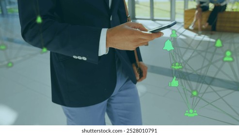 Image of data processing over biracial businessman using smartphone. Global business and digital interface concept digitally generated image.