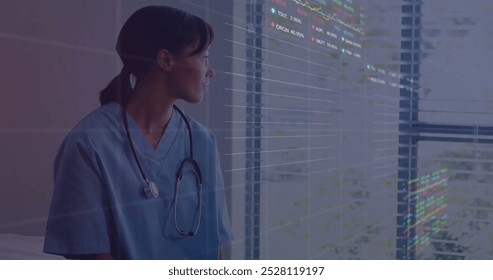 Image of data processing over biracial female doctor. Global medicine, connections, computing and data processing concept digitally generated image.