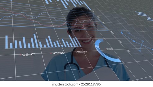 Image of data processing over biracial female doctor. Global medicine, connections, computing and data processing concept digitally generated image.