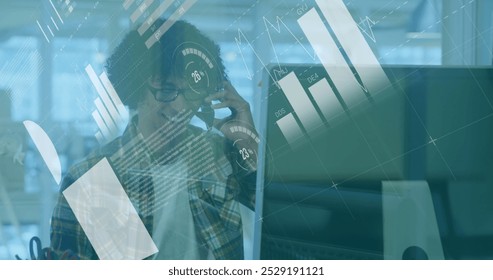 Image of data processing over biracial businessman. Global cyber security, computing, digital interface and data processing concept digitally generated image.