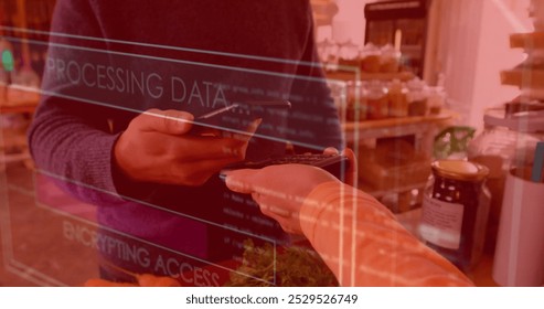Image of data processing over biracial man paying with smartphone. Technology, communication, computing and digital interface concept digitally generated image.