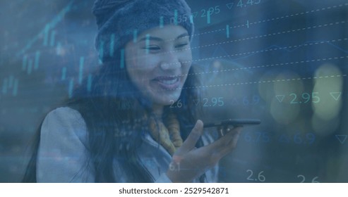 Image of data processing over biracial woman using smartphone. Global connections, computing, digital interface and data processing concept digitally generated image. - Powered by Shutterstock