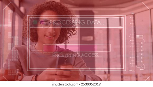 Image of data processing over biracial man using smartphone. Technology, communication, computing and digital interface concept digitally generated image.