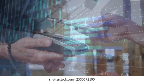 Image of data processing over biracial man using smartphone. Global business technology networking connections and digital interface concept digitally generated image.