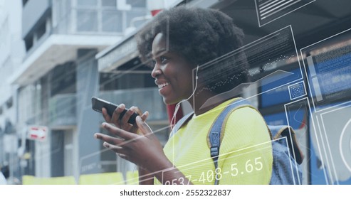 Image of data processing over biracial woman using smartphone. Business, social media and digital interface concept digitally generated image. - Powered by Shutterstock