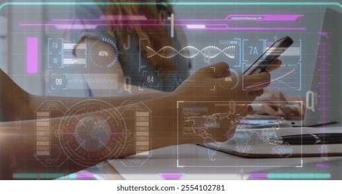 Image of data processing over biracial businessman using smartphone. Global finance, business, connections, computing and data processing concept digitally generated image. - Powered by Shutterstock