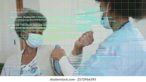 Image of data processing over biracial female doctor taking pressure of patient. Technology, medicine and digital interface concept digitally generated image.