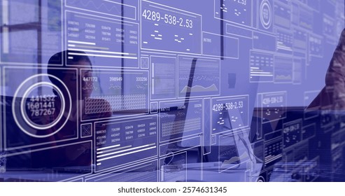 Image of data processing over biracial businesswoman using laptop. Global finance, business, connections, computing and data processing concept digitally generated image.
