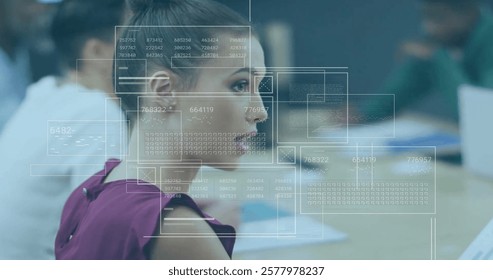 Image of data processing over biracial businesswoman at meeting in office. Global business, finances, communication and digital interface concept digitally generated image.