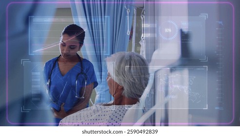Image of data processing over biracial female doctor examining patient. Medicine and digital interface concept digitally generated image.