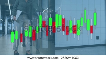 Image of data processing over biracial businesswoman working in office. Global business and digital interface concept digitally generated image.