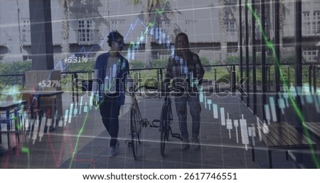 Image of data processing over biracial male friends with bicycles. global business and digital interface concept digitally generated image.