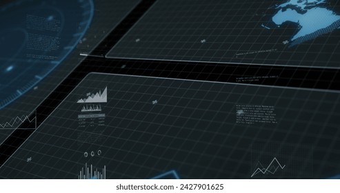 Image of data processing over black background. Global business and digital interface concept digitally generated image.