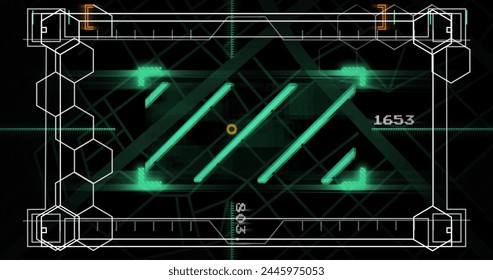 Image of data processing over black background. digital interface and data processing concept digitally generated image.