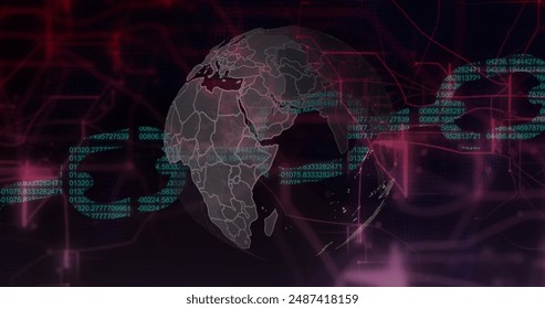 Image of data processing over black background. Global technology and digital interface concept digitally generated image.