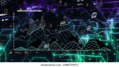 Image of data processing over black background. Global business and digital interface concept digitally generated image.