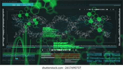 Image of data processing over black background. global science, connections, data processing and digital interface concept digitally generated image.