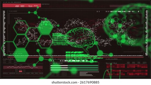 Image of data processing over black background. global science, connections, data processing and digital interface concept digitally generated image.