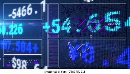 Image of data processing over blue background. Global business and digital interface concept digitally generated image.