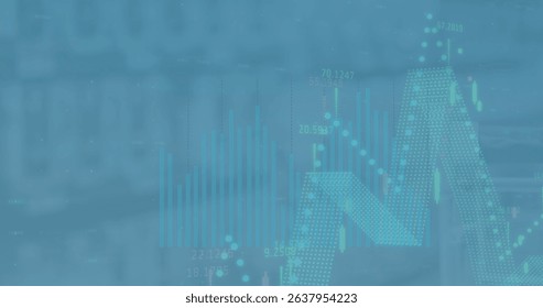 Image of data processing over blue background. Global ecology and digital interface concept digitally generated image.