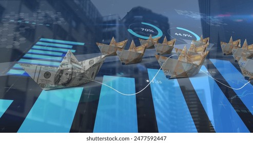 Image of data processing over boats of banknotes. Global business, finances and digital interface concept digitally generated image.