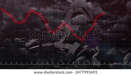 Image of data processing over broken pound symbols and dark clouds. Global business and digital interface concept digitally generated image.