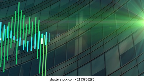 Image of data processing over building. global business, finances, connections and digital interface concept digitally generated image.