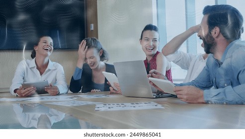 Image of data processing over business people working in office. Global business, finance and data processing concept digitally generated image.
