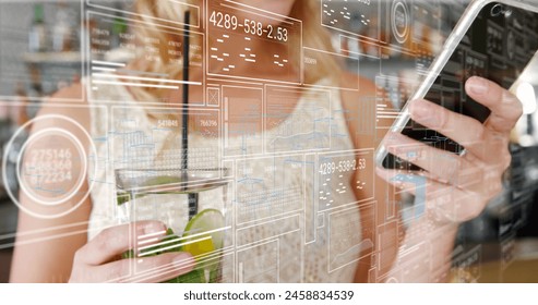 Image of data processing over business people walking. Business working in office and cooperation concept digitally generated image.