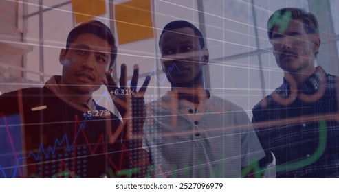 Image of data processing over business people. Business finance and data processing concept digitally generated image.