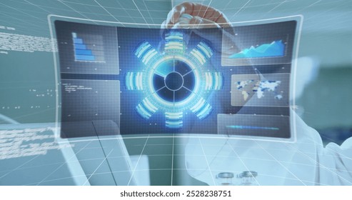 Image of data processing over business people using phone headsets. Global connections business and technology concept digitally generated image.