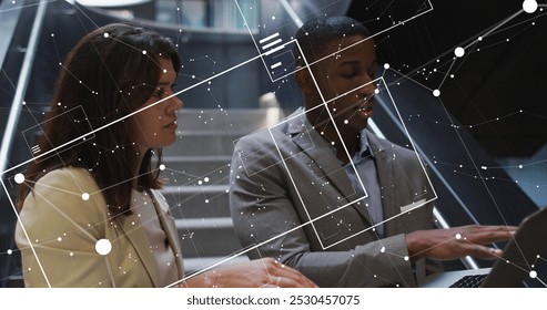 Image of data processing over business people in office. Global business, finance, connections, networks and data processing concept digitally generated image.