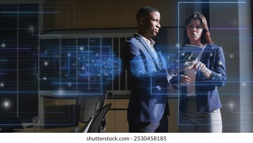 Image of data processing over business people in office. Global business, finance, connections, networks and data processing concept digitally generated image.