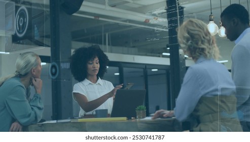 Image of data processing over business people working in office. Global computing, finance, business and data processing concept digitally generated image.