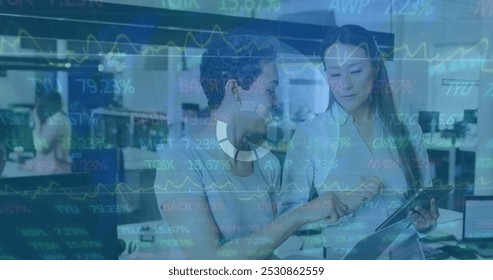 Image of data processing over business people using phone headsets. Global business finance and networking concept digitally generated image.