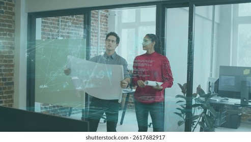 Image of data processing over business people. global networks, business and connections concept digitally generated image.