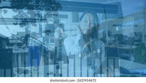 Image of data processing over business people using phone headsets. Global business data processing and digital interface concept digitally generated image.
