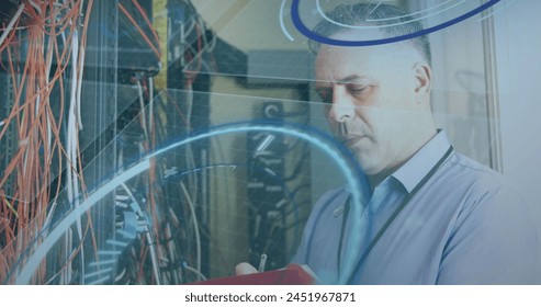 Image of data processing over businessman in server room. Global connections business digital interface technology and networking concept digitally generated image.