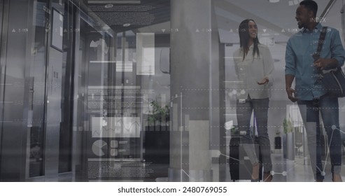 Image of data processing over businessman working in office. Global business data processing and digital interface concept digitally generated image.