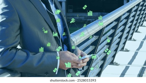 Image of data processing over businessman handshake. Global business success connections and digital interface concept digitally generated image.