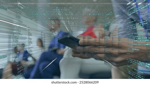 Image of data processing over businessman using smartphone. Global computing, finance, business and data processing concept digitally generated image. - Powered by Shutterstock - Get 15% off with code: PIKWIZARD15