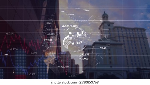 Image of data processing over businessman using tablet. Global business technology and digital interface concept digitally generated image.
