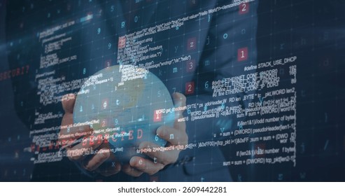 Image of data processing over businessman holding globe on blue background. global connections, technology and digital interface concept digitally generated image.